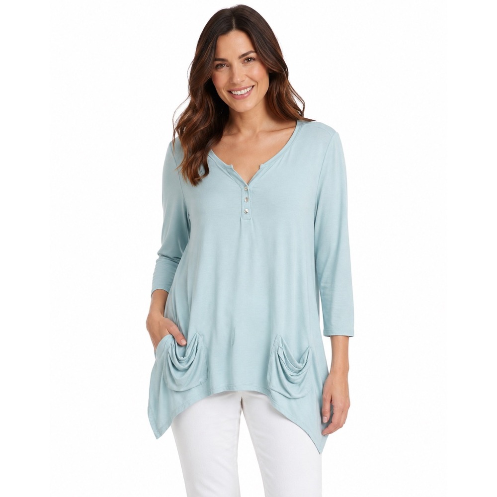 Soft Surroundings Light Blue Henley Tunic 3/4 Sleeve Sharkbite Hem Medium NWT